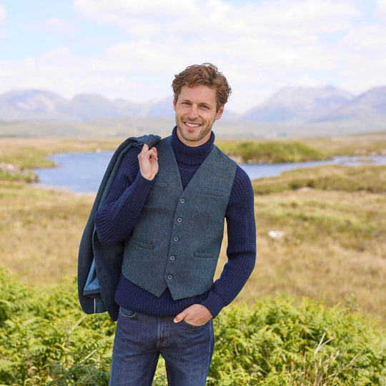 Men's Navy Herringbone Tweed Waistcoat