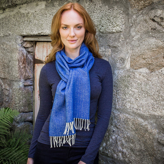 Blue Lambswool Herringbone Scarf