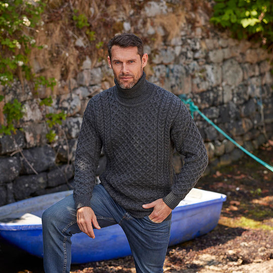 Charcoal Men's Turtleneck Aran Sweater